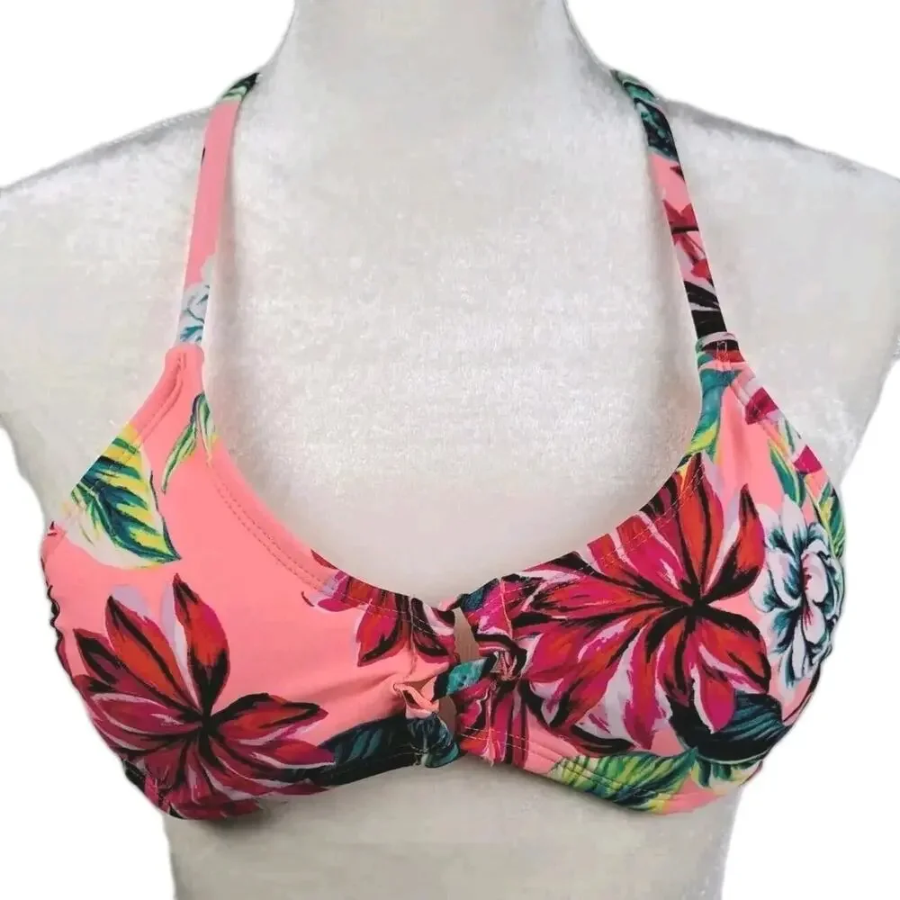 Xhilaration Bikini Swim Top Womens S Coral Orange Tropical Floral Removable Pads